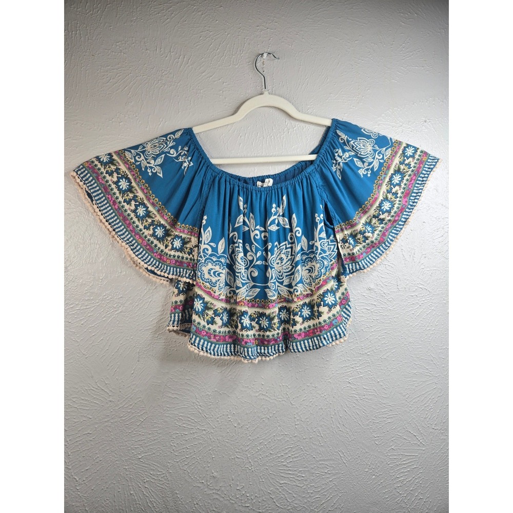 Floral Boho Crop Top M Blue Off Shoulder Pom Pom Festival‎ Peasant Artsy Blouse